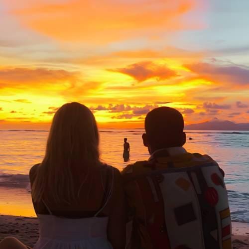 Couple watching sunset on a quiet beach during an Adults Only Kuta Lombok romantic stay