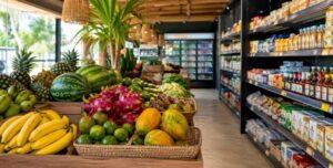 Fresh tropical fruits and grocery shelves inside a small modern market in Kuta Lombok