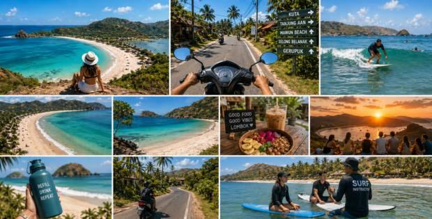 Lombok dry season travel experience showing beaches, surfing, scooter riding, and sunset views in Kuta Mandalika
