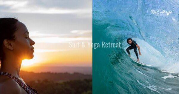 Woman practicing yoga at sunrise and surfer riding a wave in Lombok during a Lombok Surf and Yoga Retreat