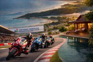 Motorcycle racers corner at Pertamina Mandalika International Street Circuit with ocean views at sunset and a tranquil poolside villa in the foreground, Kuta Mandalika, Lombok.