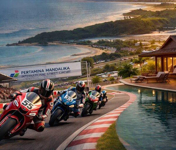 Motorcycle racers corner at Pertamina Mandalika International Street Circuit with ocean views at sunset and a tranquil poolside villa in the foreground, Kuta Mandalika, Lombok.