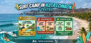 Infografis perbandingan 5 surf camp di Kuta Lombok dengan kategori Winner, Overpriced, dan Hidden Gem berlatar belakang pantai tropis.