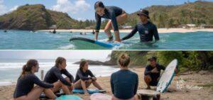 Beginner surfing in Kuta Lombok with instructor guiding pop-up practice in the calm waters of Don Don at Gerupuk Bay