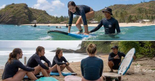 Beginner surfing in Kuta Lombok with instructor guiding pop-up practice in the calm waters of Don Don at Gerupuk Bay