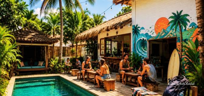 activities at one of hostels in kuta lombok by the pool. Guest take a break after surfing , enjoy moment by the poolsidewith friends