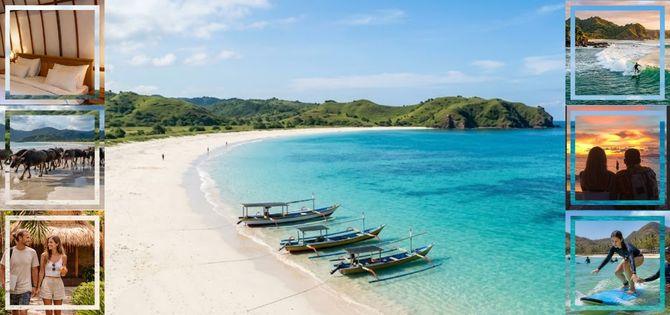 lombok before peak season- A beach collage highlighting Lombok before peak season: a central quiet bay with boats, plus frames showing surfing, a sunset couple, beach buffalo, a cozy room, and a walking couple.