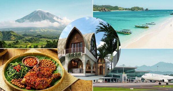 Photo grid of Lombok attractions before peak season including Mount Rinjani, Kuta Beach, Ayam Taliwang culinary, a boutique resort, and Lombok International Airport.