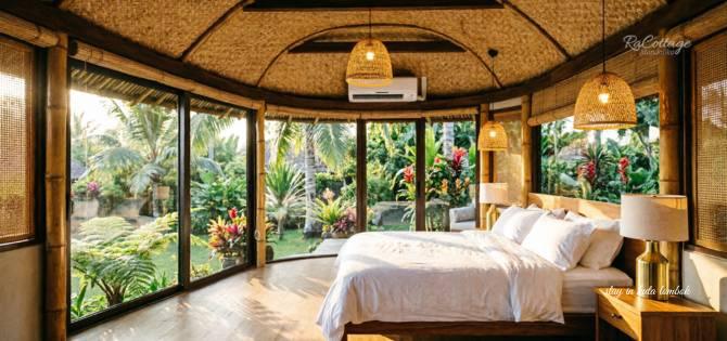 Where to stay in Kuta Lombok - cozy bamboo bedroom with curved ceiling and tropical garden view, perfect eco-lodge accommodation 