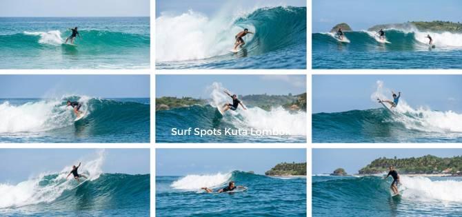 A collage of action shots featuring surfers at various surf spots Kuta Lombok, showcasing different wave types from mellow rollers to hollow barrels.