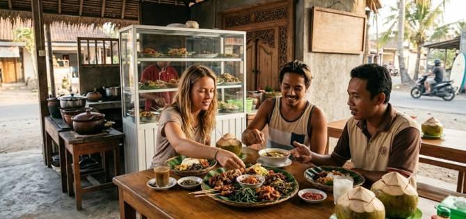 The Best Cheap Eats in Kuta Lombok Local Favorites Under Rp50K 1 Cheap eats in Kuta Lombok. Travelers enjoying affordable local meals and fresh coconuts at a traditional Indonesian roadside warung.