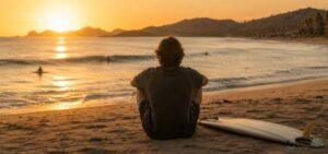Surfer sitting on the beach watching Gerupuk Bay Kuta Lombok in july august at golden hour during peak season