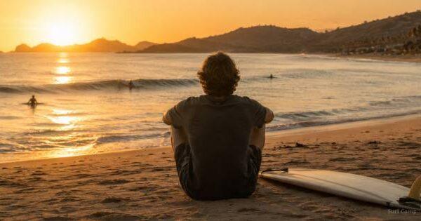 Surfer sitting on the beach watching Gerupuk Bay Kuta Lombok in july august at golden hour during peak season