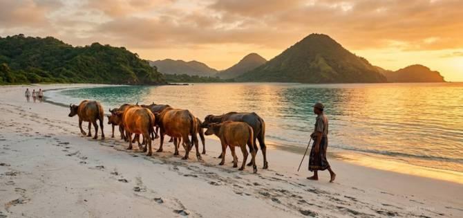 Selong Belanak beach local farmer herding water buffalo along white sand shoreline at golden sunset with pyramid hills and turquoise bay in background