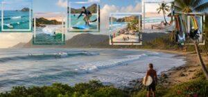 surf Kuta Lombok at golden hour, surfer on beach with waves, surf lessons, and board rentals in view