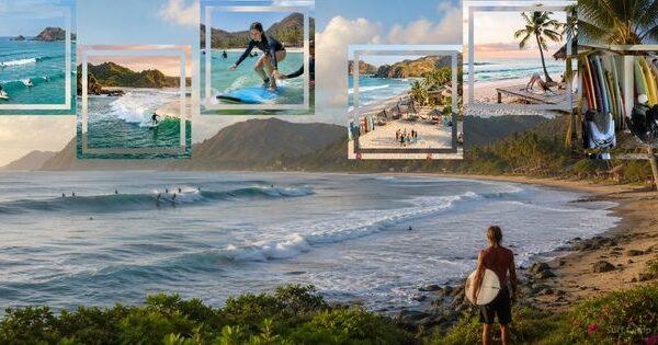 surf Kuta Lombok at golden hour, surfer on beach with waves, surf lessons, and board rentals in view