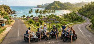 Scooter riders at the Kuta Lombok west or east circuit junction overlooking Selong Belanak beach and Mandalika circuit