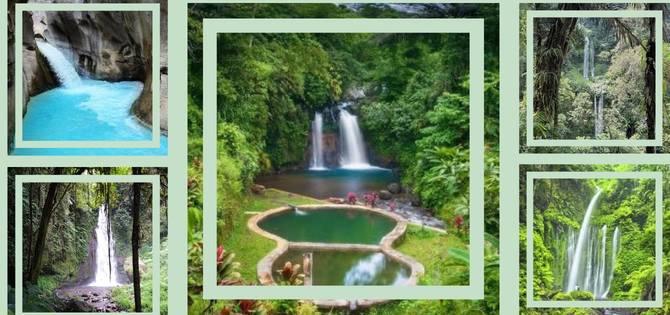 Photo grid collage for Kuta Lombok waterfall & culture day trips featuring Mangku Sakti, Babak Pelangi, and Benang Kelambu waterfalls.
