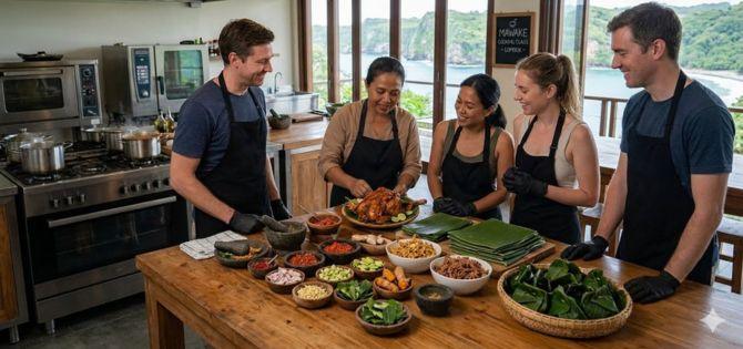 Sasak cooking class in Kuta Lombok with a local instructor teaching tourists to make Ayam Taliwang chicken surrounded by fresh traditional spices and ingredients on a wooden table.