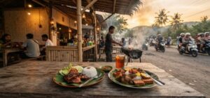 Best restaurants in Kuta Lombok for every budget, grilled ayam taliwang and nasi campur served at a local warung at sunset