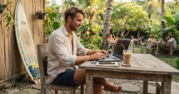 Kuta lombok digital nomad working on laptop at outdoor cafe with surfboard and tropical garden
