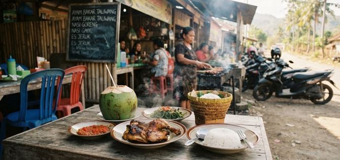 A documentary photo of an outdoor mandalika street food stall in Lombok, showing a woman grilling skewers over a smoky charcoal grill while local customers eat at a wooden table nearby.
