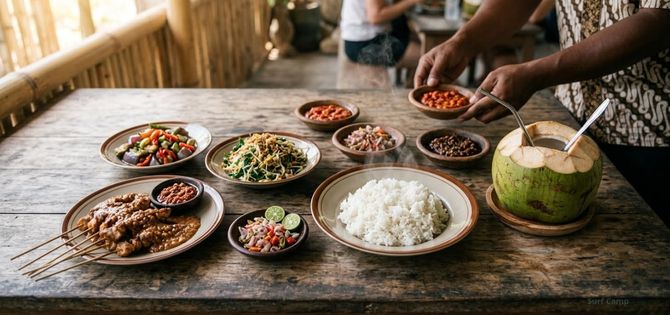 Mandalika street food spread on a rustic wooden table.