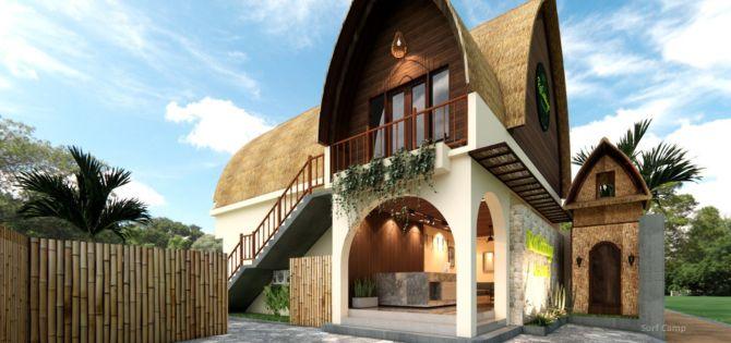 Traditional Rumah Bambu exterior with lumbung thatched roof and open lobby at RaCottage Mandalika Kuta Lombok